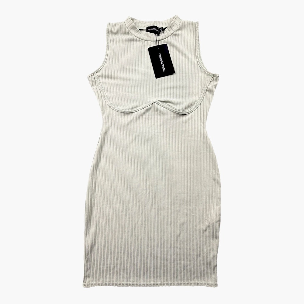 PrettyLittleThing Ribbed Bodycon Dress Sage Green Sleeveless UK 12 NWT